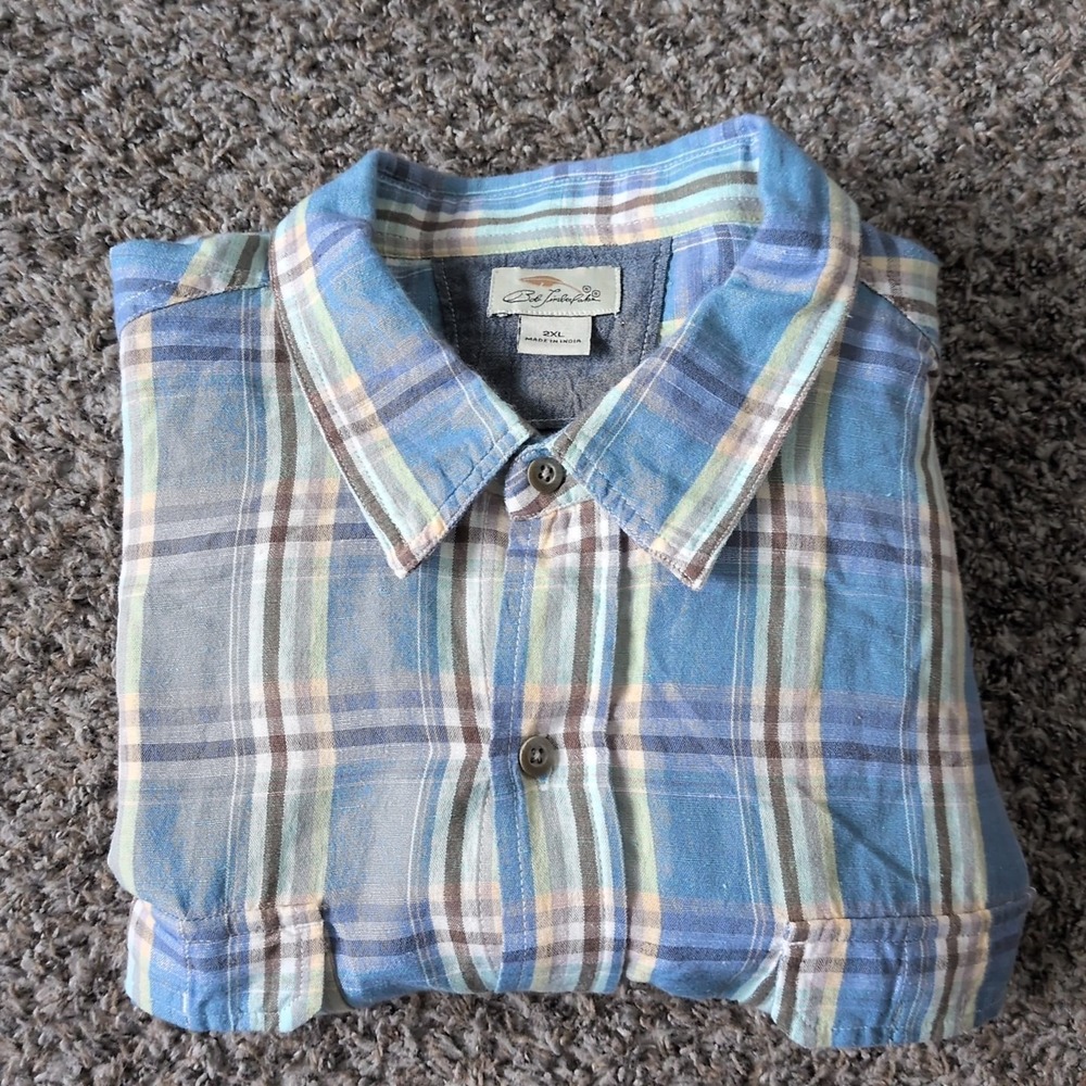 Bob Timberlake Linen Multicolor Plaid Long Sleeve‎ Button Down Shirt 2XL Blue